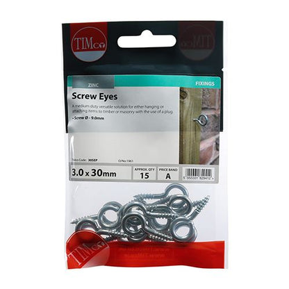 TIMCO Screw Eyes - BZP 30mm Silver Pack 15