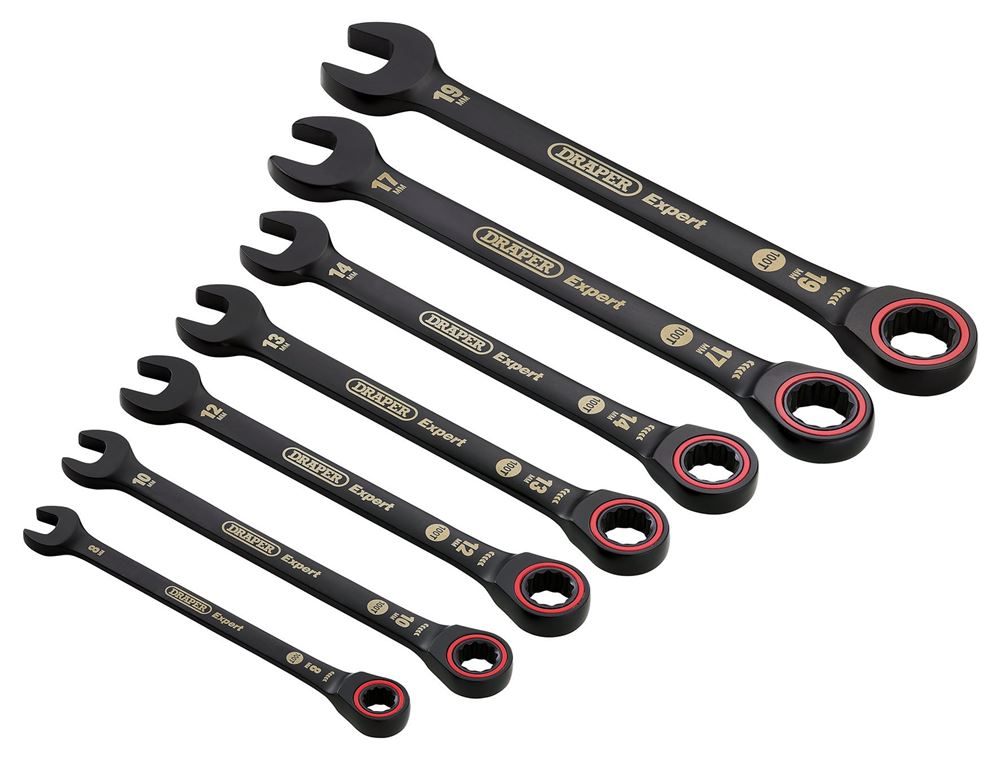 Draper 7PC RATCHETING SPANNER SET BK 03895 HI-TORQÂ® Metric Ratchet Combination Spanner Set, Black (7 Piece)