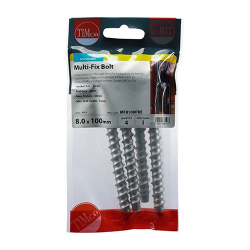 TIMCO Multi-Fix Bolt Hex Head 8.0 x 100 Silver Pack 4