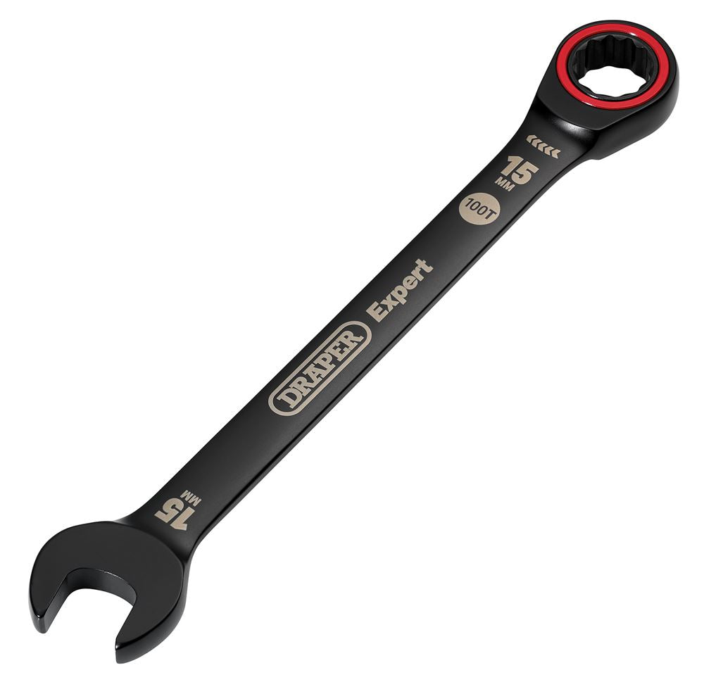 03888 Draper Expert Expert HI-TORQ Metric Ratchet Combination Spanner, 15mm, Black Spanner/Wrench Ratchet Spanners 198mm Professional Trade DIY Wor