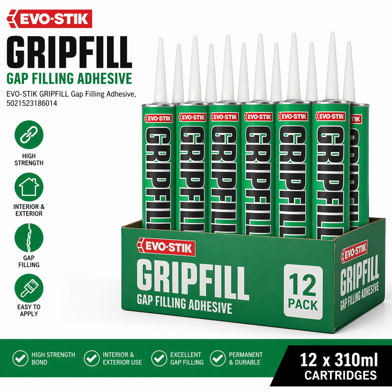 12 x EVO-STIK Gripfill 350ml High Strength Gap Filler Adhesive Cartridge
