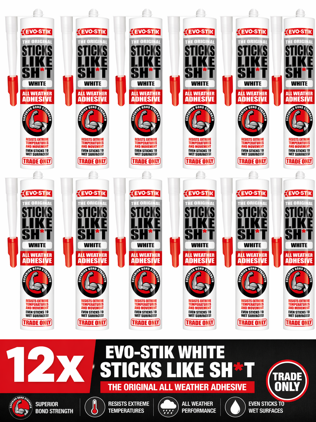 12 x EVO STIK White Sticks Like Adhesive 290ml Strong Grab Wet Surface Bonding