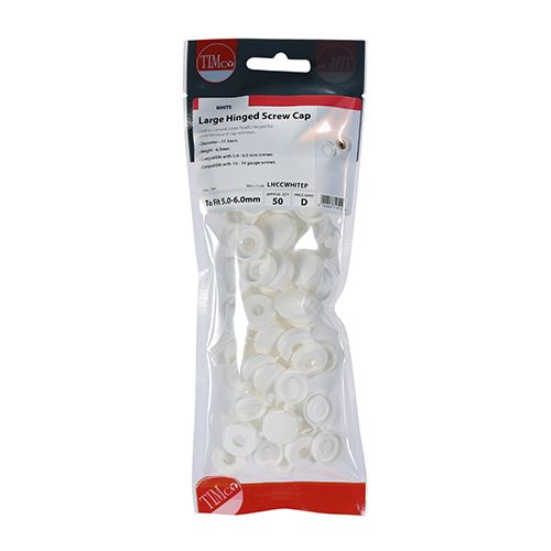 TIMCO Large Hinged Screw Cap - White To fit 5.0 to 6.0 Screw White Pack 50