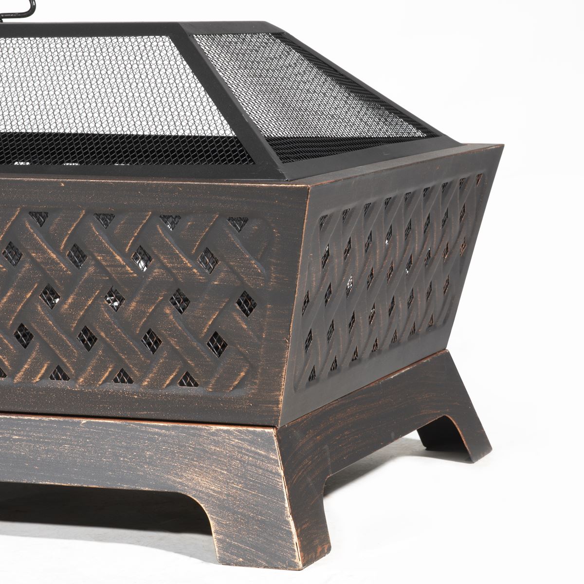 Dellonda DG44 89cm Rectangular Outdoor Fire Pit, Antique Bronze Effect | Safety Screen | Contemporary style rectangular fire pit is perfect for