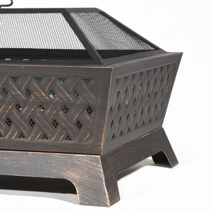 Dellonda DG44 89cm Rectangular Outdoor Fire Pit, Antique Bronze Effect | Safety Screen | Contemporary style rectangular fire pit is perfect for