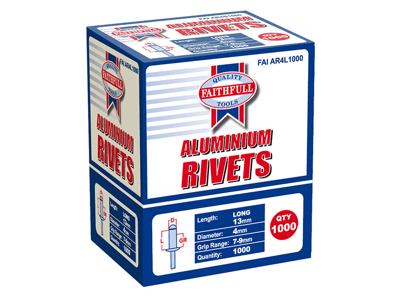 Faithfull  Aluminium Rivets 4 x 13mm Long Bulk Pack of 1000