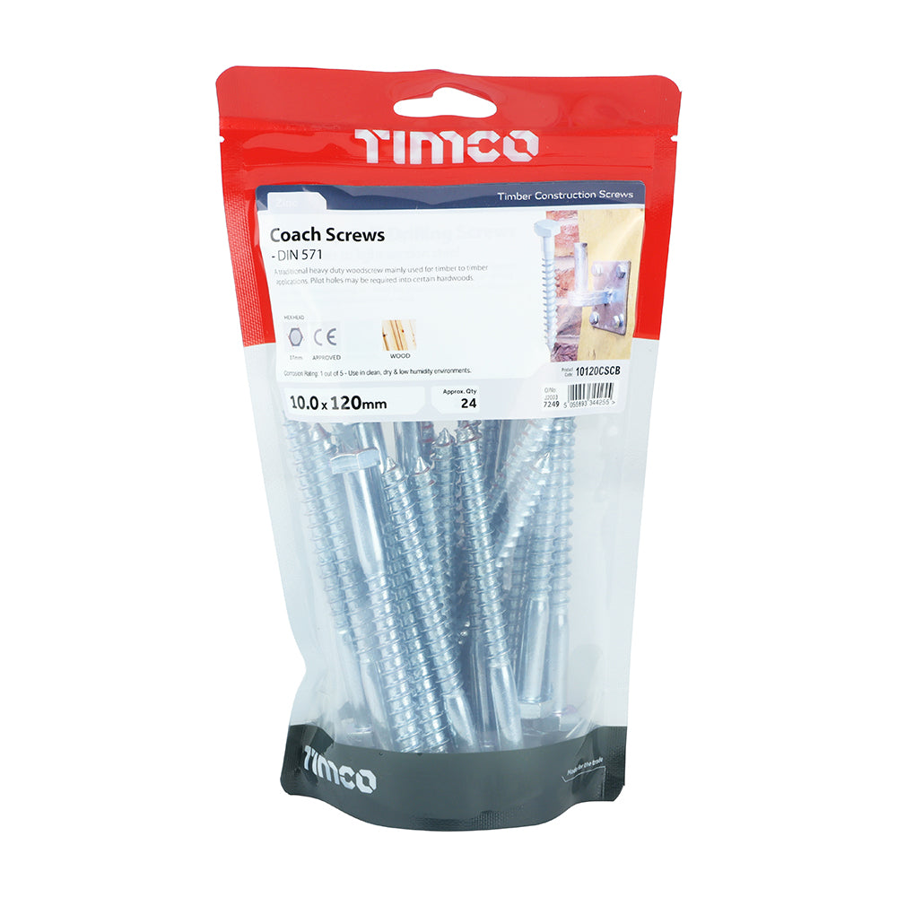 TIMCO Coach Screws Hex Head Silver  - 10.0 x 120 TIMbag OF 24 - 10120CSCB