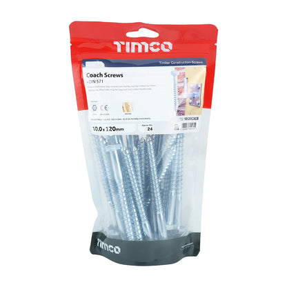TIMCO Coach Screws Hex Head Silver  - 10.0 x 120 TIMbag OF 24 - 10120CSCB