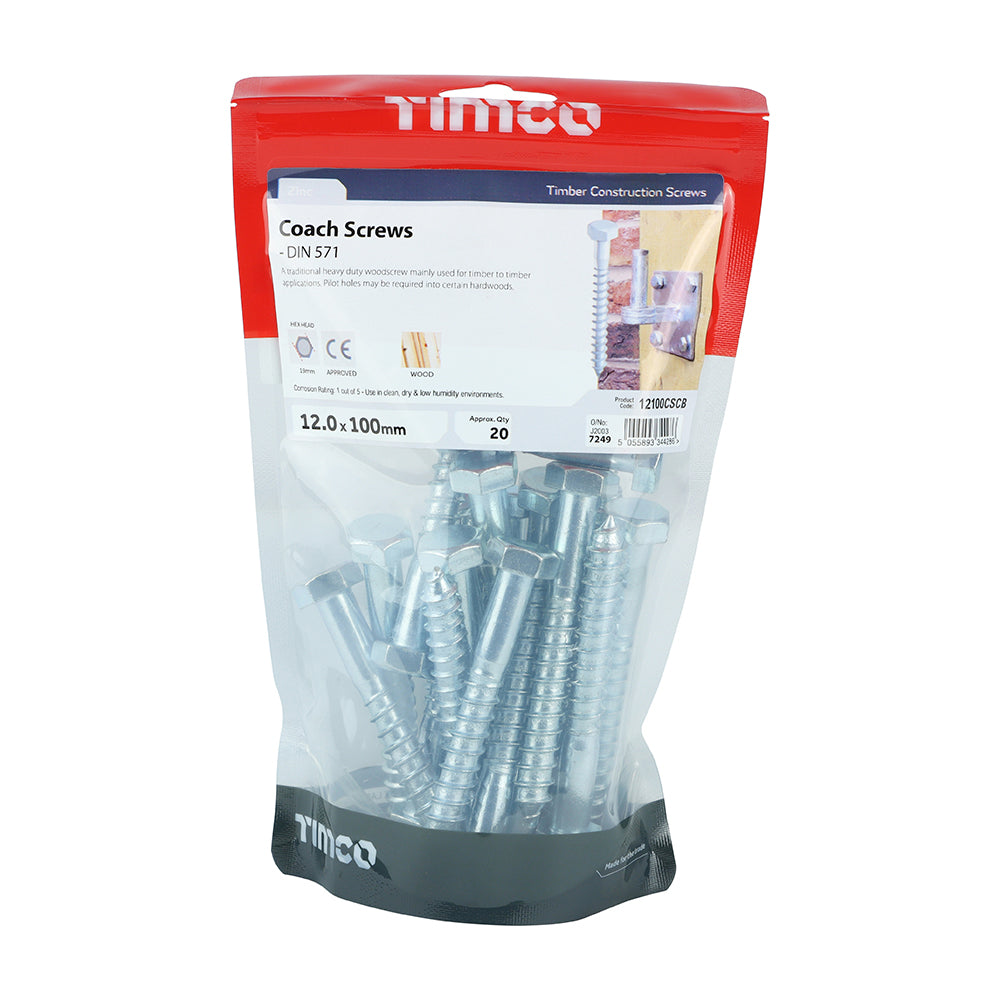 TIMCO Coach Screws Hex Head Silver  - 12.0 x 100 TIMbag OF 20 - 12100CSCB
