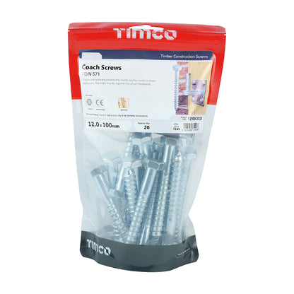 TIMCO Coach Screws Hex Head Silver  - 12.0 x 100 TIMbag OF 20 - 12100CSCB