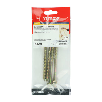TIMCO Solo Advanced Hex Head Gold Coach Woodscrews - 8.0 x 120 TIMpac OF 4 - 8120SCSYP