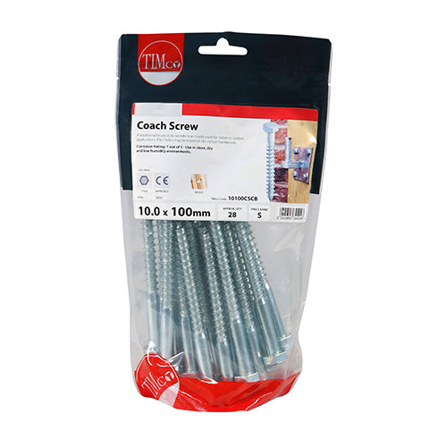 TIMCO Coach Screws Hex Head Silver  - 10.0 x 100 TIMbag OF 28 - 10100CSCB