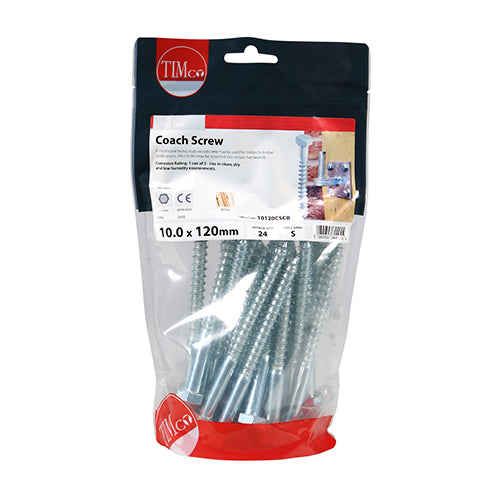 TIMCO Coach Screws Hex Head Silver  - 10.0 x 120 TIMbag OF 24 - 10120CSCB