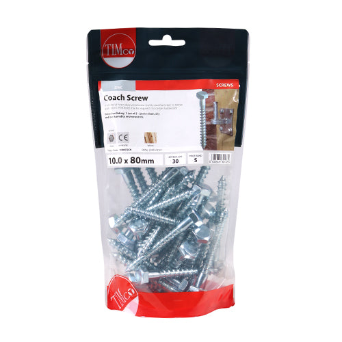 TIMCO Coach Screws Hex Head Silver  - 10.0 x 80 TIMbag OF 30 - 1080CSCB