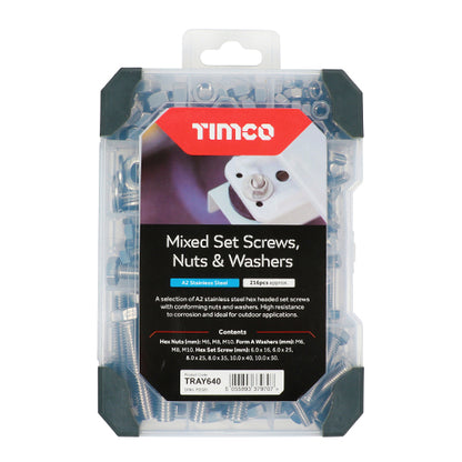 TIMCO Set Screws Nuts Washers â€“ A2 Stainless Steel Mixed Tray - 199pcs Tray OF 1 - TRAY640