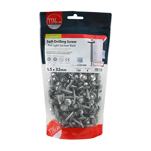 TIMCO Self-Drilling Light Section Screws Exterior Silver with EPDM Washer - 5.5 x 32 TIMbag OF 130 - L32W16BB