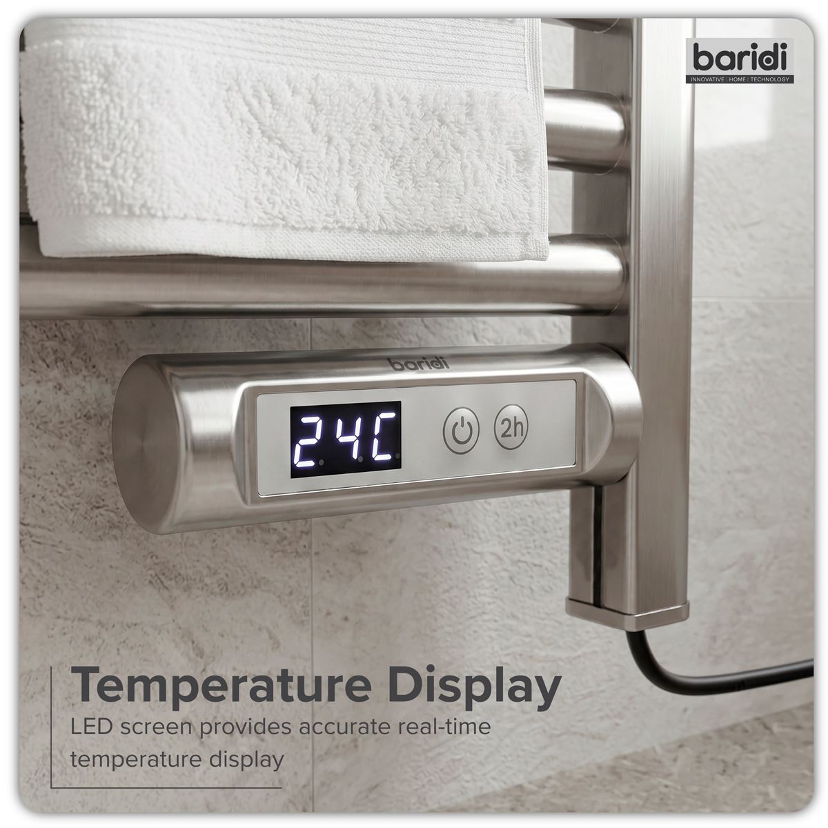Baridi DH372 Electric Heated Towel Rail 1085 x 535mm with LED Display - Silver | 425W, 230V - 50HZ, Overheat Protection | LED temperature display.