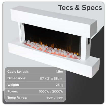 Baridi DH113 Wall Mounting Electric Fireplace with LED Flame Effect 46" - White | 230V~50Hz, Timer, Remote Control | Create a relaxing and cozy space