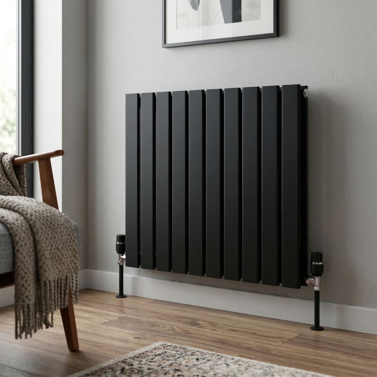 Baridi DH345 Horizontal Radiator Contemporary Double Flat Panel Design 600 x 700mm - Black | Steel | Horizontal flat panel design delivers a BTU