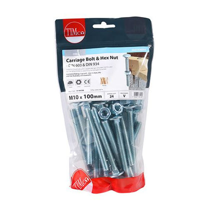 TIMCO Carriage Bolt & Hex Nut - BZP M10 x 100 Silver Pack 24
