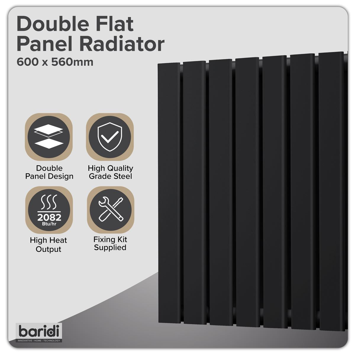 Baridi DH344 Horizontal Radiator Contemporary Double Flat Panel Design 600 x 560mm - Black | Steel | Horizontal flat panel design delivers a BTU