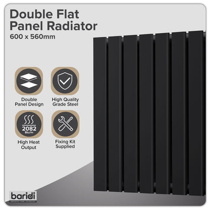 Baridi DH344 Horizontal Radiator Contemporary Double Flat Panel Design 600 x 560mm - Black | Steel | Horizontal flat panel design delivers a BTU