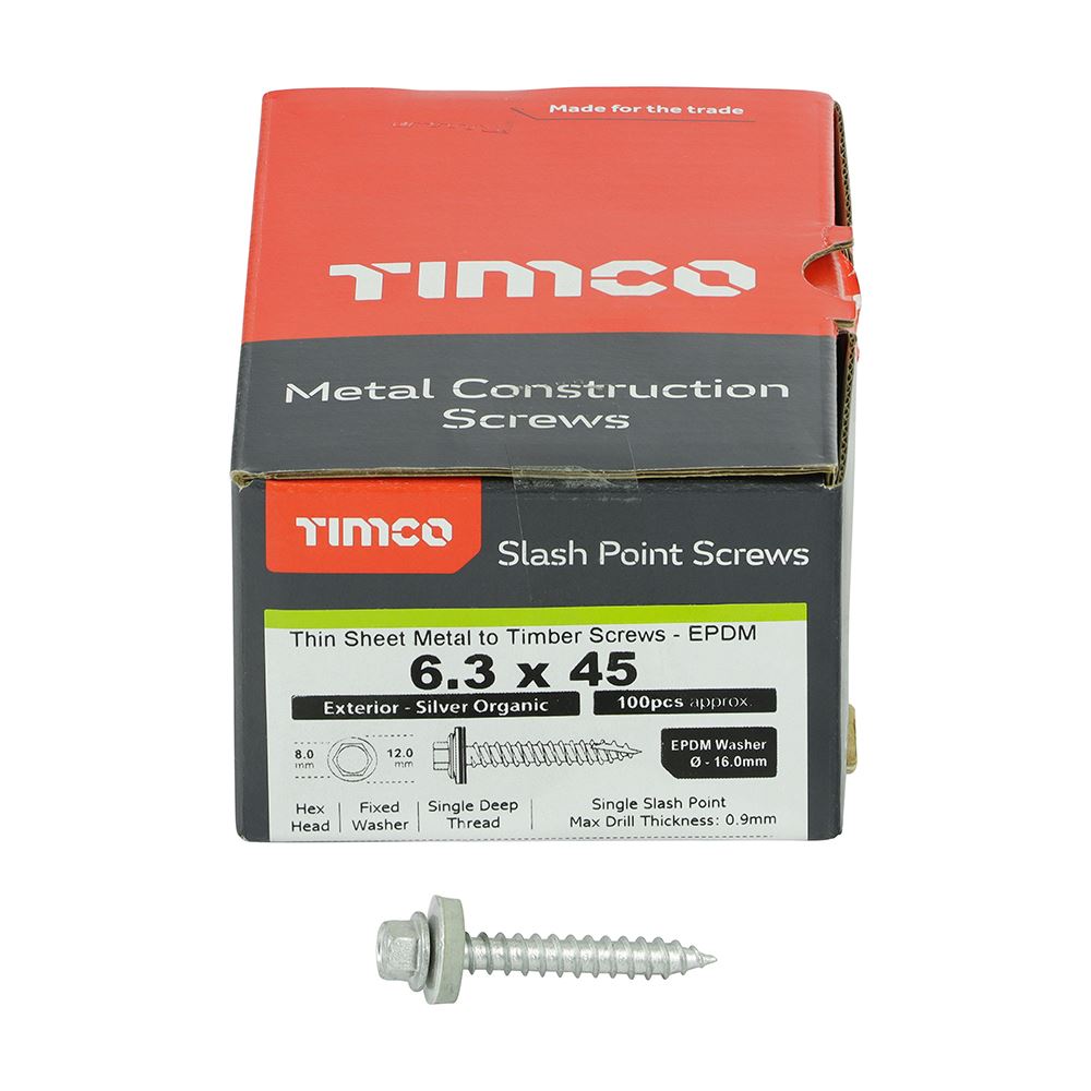 TIMCO Hex Screw W16 Slash EXT 6.3 x 45 Silver Pack 100