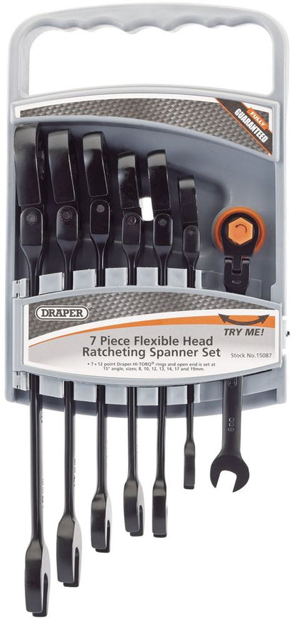 Draper 7PC FLEX HEAD R.SPANN SET BK 15087 Flexible Head Ratcheting Metric Combination Spanner Set (7 Piece)