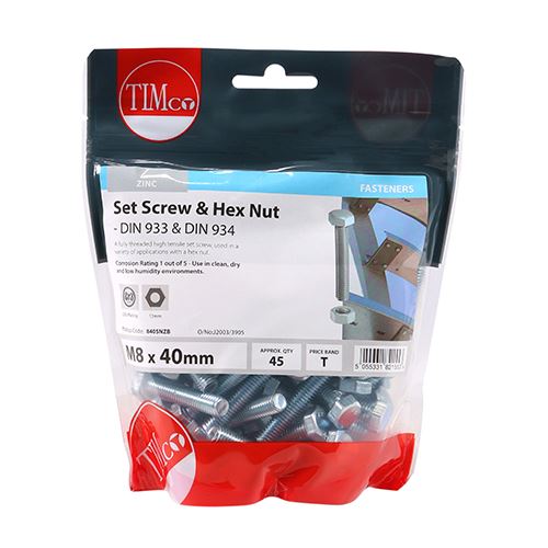 TIMCO Set Screw & Hex Nut - BZP M8 x 40 Silver Pack 45