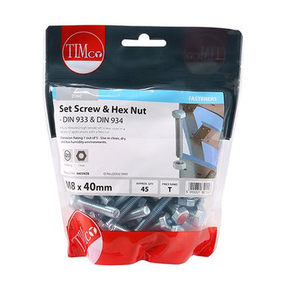 TIMCO Set Screw & Hex Nut - BZP M8 x 40 Silver Pack 45