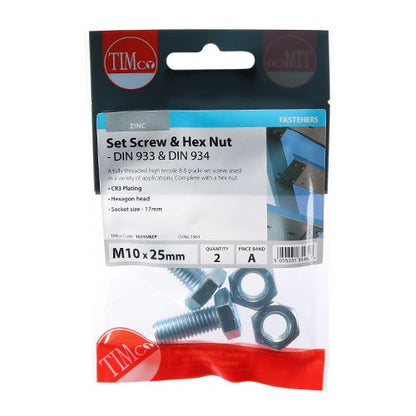 TIMCO Set Screw & Hex Nut - BZP M10 x 25 Silver Pack 2