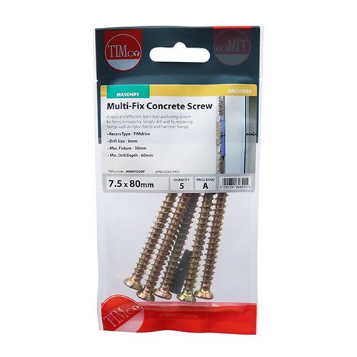 TIMCO Multi-Fix Concrete Screw - ZYP 7.5 x 70 Gold Pack 5