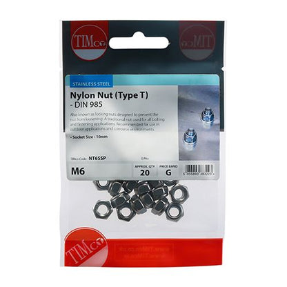 TIMCO T Nylon Nut DIN 985 - A2 SS M6 Pack 20