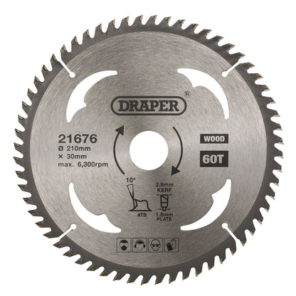 Draper TCT SAW BLADE 210MM 60T WOOD 21676 TCT Circular Saw Blade for Wood, 210 x 30mm