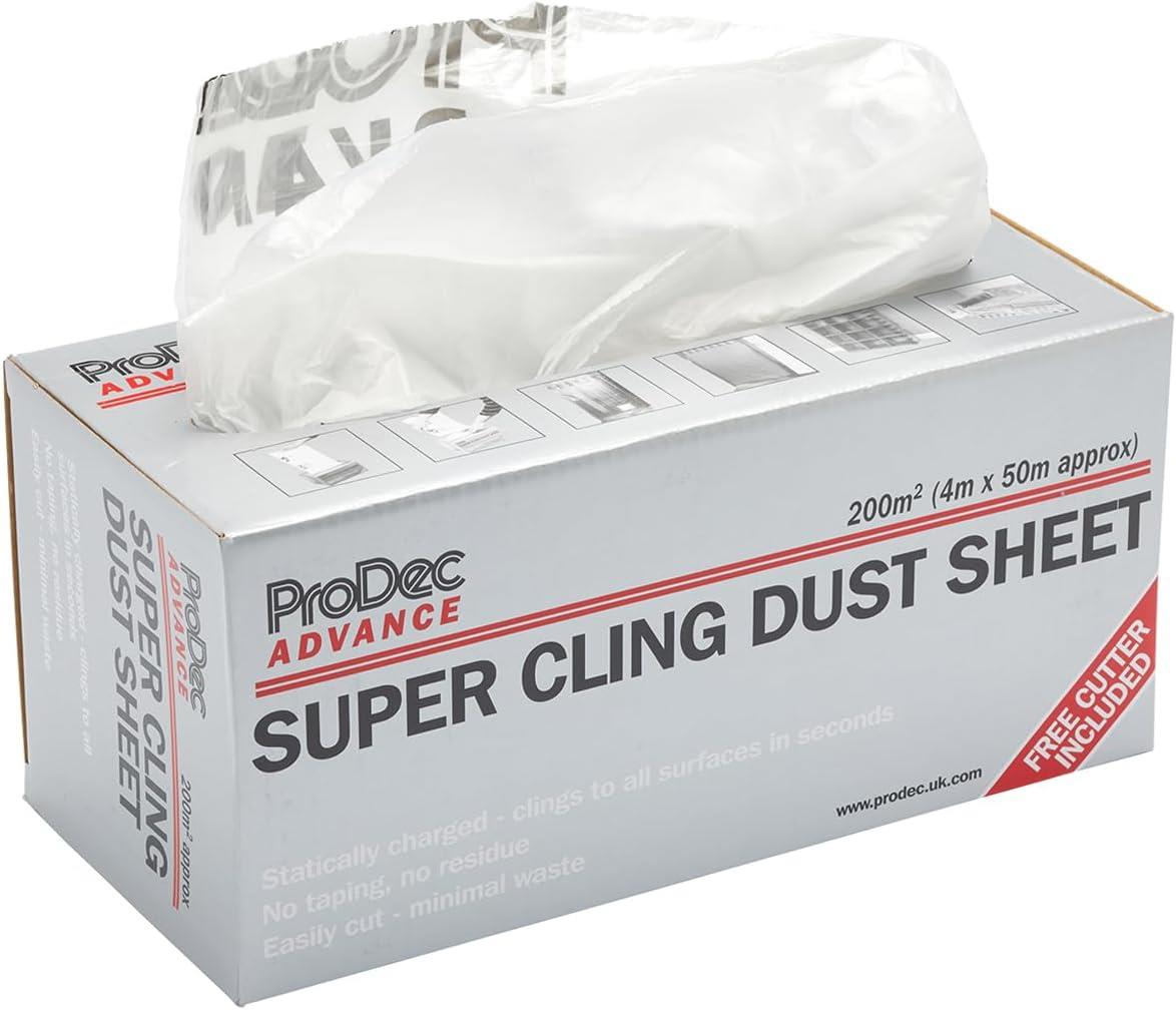 ProDec Advance Super Cling Polythene Dust Sheet Roll 4m x 50m 200sqm – Static Cling Protective Film with Dispenser Box & Safety Cutter