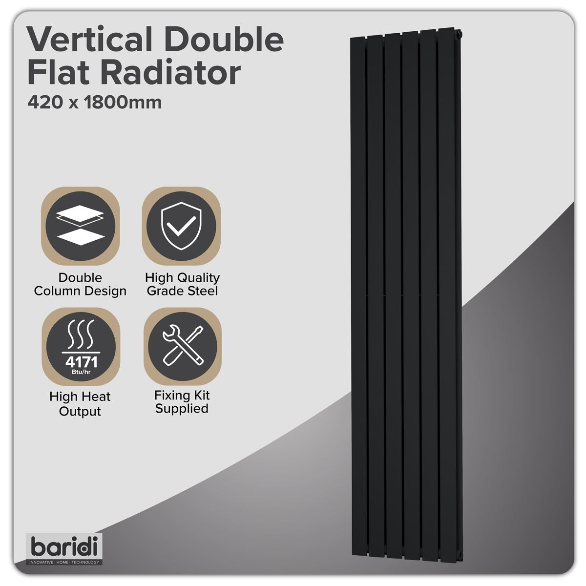 Baridi DH354 Vertical Radiator Contemporary Double Flat Panel Design 420 x 1800mm - Black | Steel | Vertical flat panel design delivers a BTU output