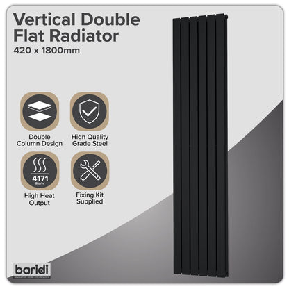 Baridi DH354 Vertical Radiator Contemporary Double Flat Panel Design 420 x 1800mm - Black | Steel | Vertical flat panel design delivers a BTU output