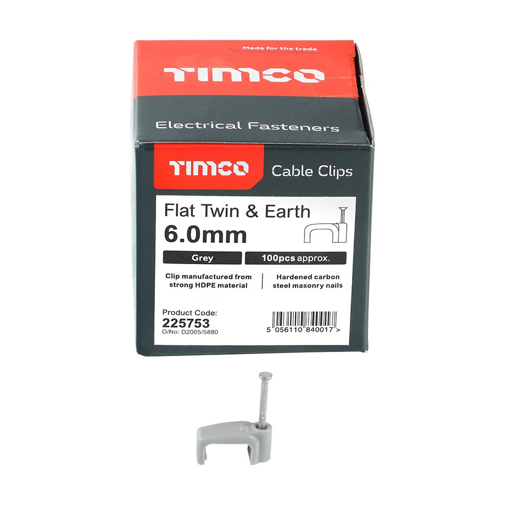 TIMCO Flat Twin&Earth Cable Clip GRY To fit 6.0mm Grey Pack 100
