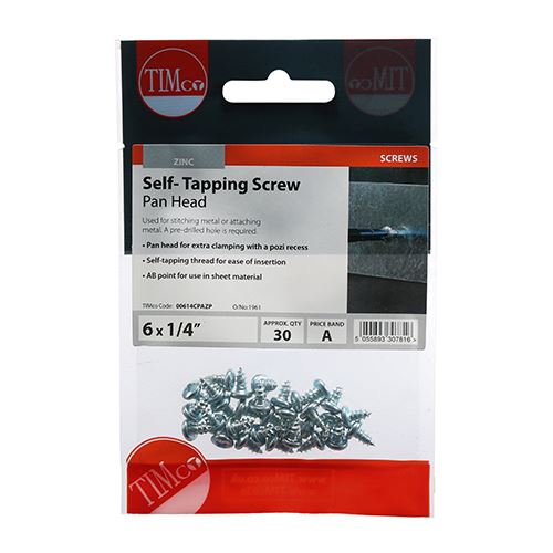 TIMCO S/Tapping Screw PZ2 PAN - BZP 6 x 1/4 Silver Pack 30