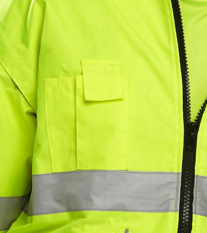 Beeswift Europa Two Tone Hi Vis Bomber Jacket Sizes S to 6XL with Removable Sleeves Detachable Fleece Liner Hood and Reflective Tape