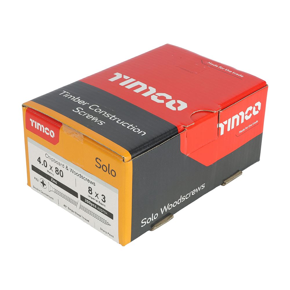 TIMCO Solo Woodscrew PZ2 CSK Zinc 4.0 x 80 Silver Pack 200