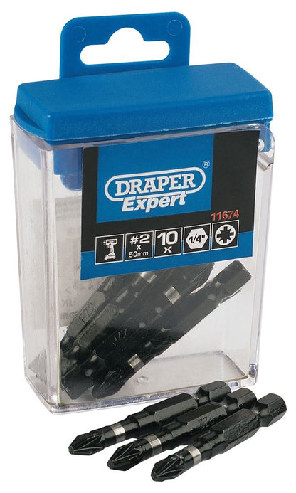 Draper 10PC PZ2X50MM IMPACT S.DR BIT 11674 No. 2 PZ x 50mm Type Impact Bits (10 Piece)