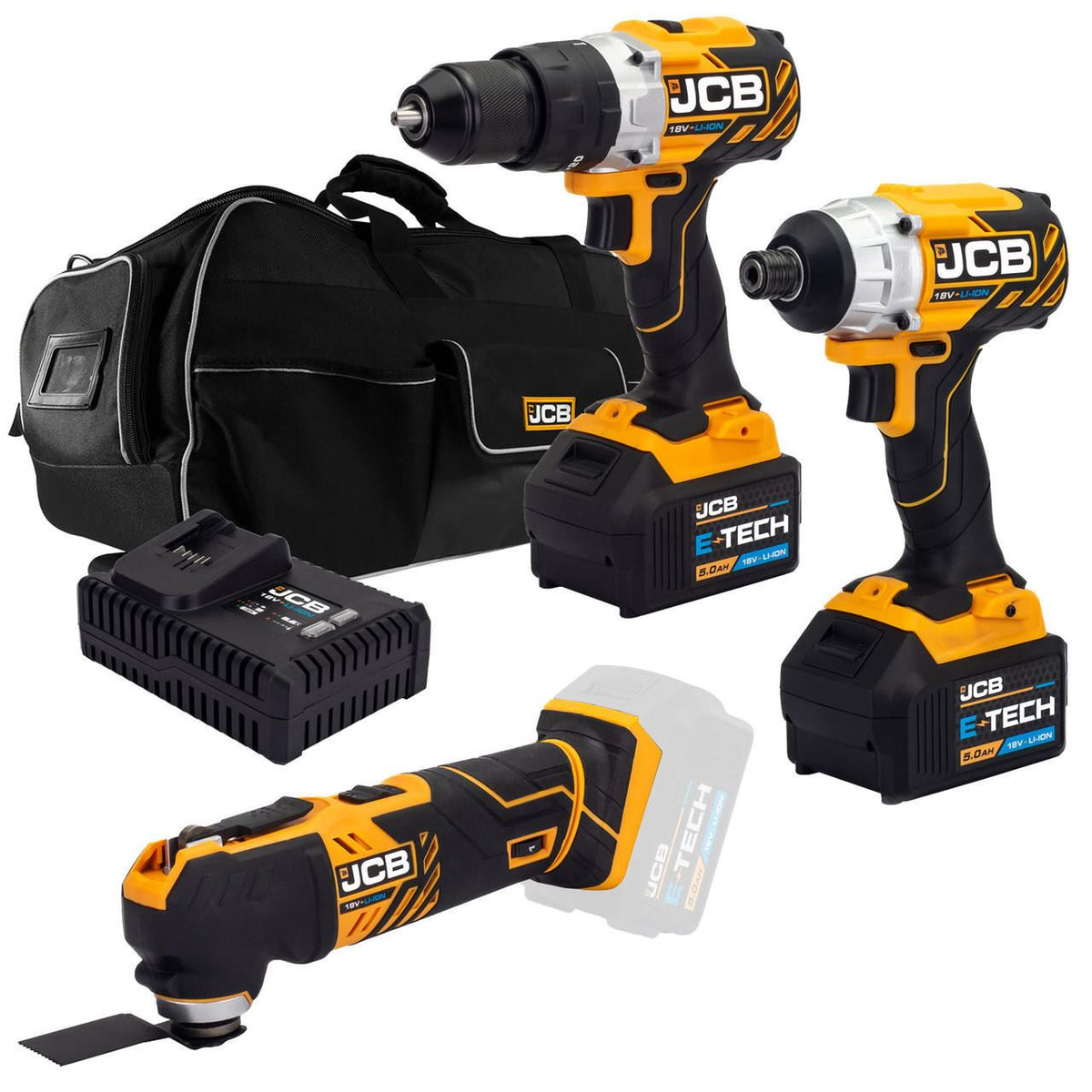 JCB 21-18TPKMT-5 Power Tool Kit 18V Brushless Combi Drill Impact Driver Multi Tool 2x 5.0Ah Super Fast Charger 26in Wheeled Bag Cordless Tool Kit