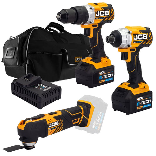 JCB 21-18TPKMT-5 Power Tool Kit 18V Brushless Combi Drill Impact Driver Multi Tool 2x 5.0Ah Super Fast Charger 26in Wheeled Bag Cordless Tool Kit