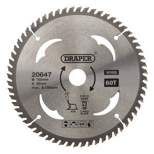 Draper TCT SAW BLADE 165MM 60T WOOD 20647 TCT Circular Saw Blades for Wood 165 x 20mm
