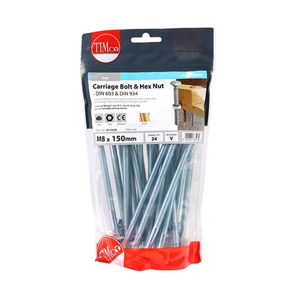 TIMCO Carriage Bolt & Hex Nut - BZP M8 x 150 Silver Pack 24