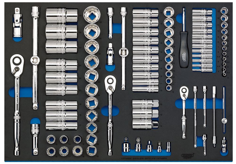 Draper 96PC 1/43/81/2 SOCKET SET 63539 1/4", 3/8", and 1/2" Socket Set in Full Plus Drawer EVA Insert Tray (96 Piece)