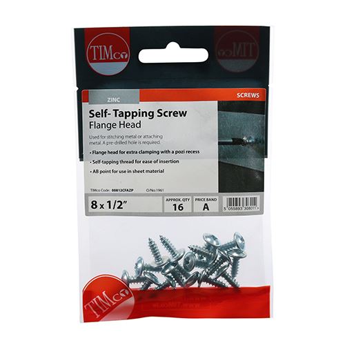 TIMCO S/Tapping Screw PZ2 FLG - BZP 8 x 1/2 Silver Pack 16