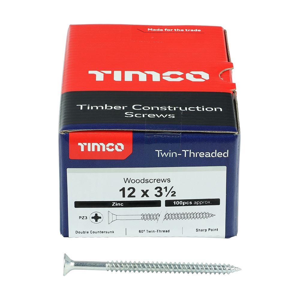 TIMCO Twin Woodscrew PZ3 CSK Zinc 12 x 3 1/2 Silver Pack 100