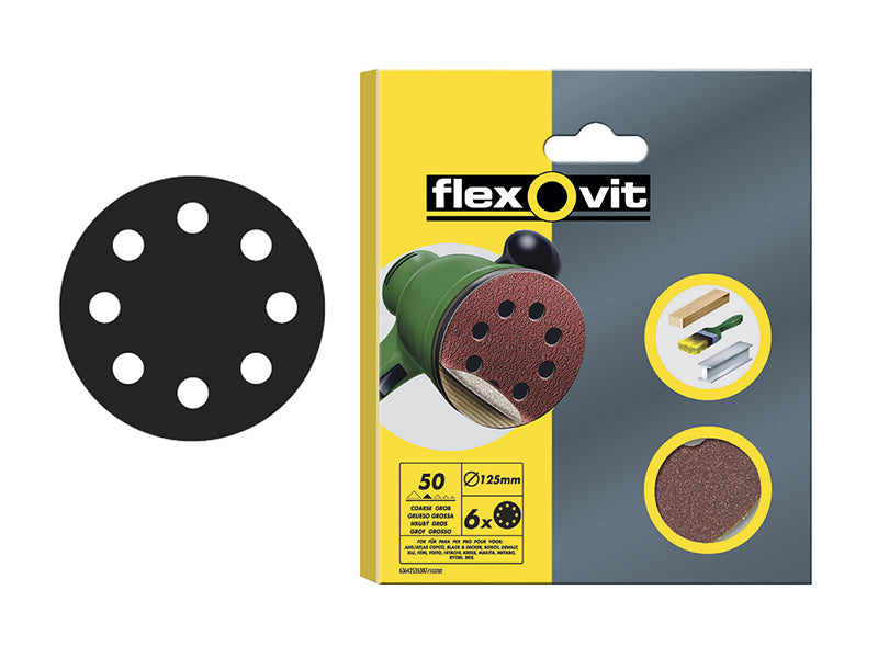 Flexovit 63642526501 Hook & Loop Sanding Disc 115mm Assorted (Pack 6)